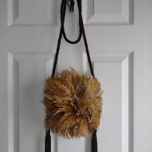 Red Haute Couture - vintage silk & feather crossbody bag - beaded strap - EUC